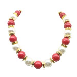 Vintage Red & White Bead Necklace with Gold Tone Accents